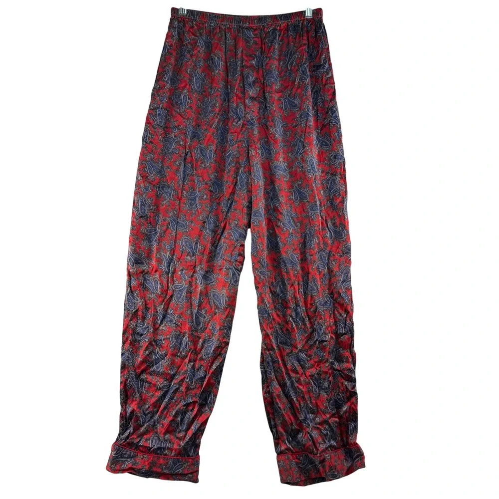 Vintage Soo Silks Medium Pajama Pants 100% Silk Paisley Elastic Waist Red Blue